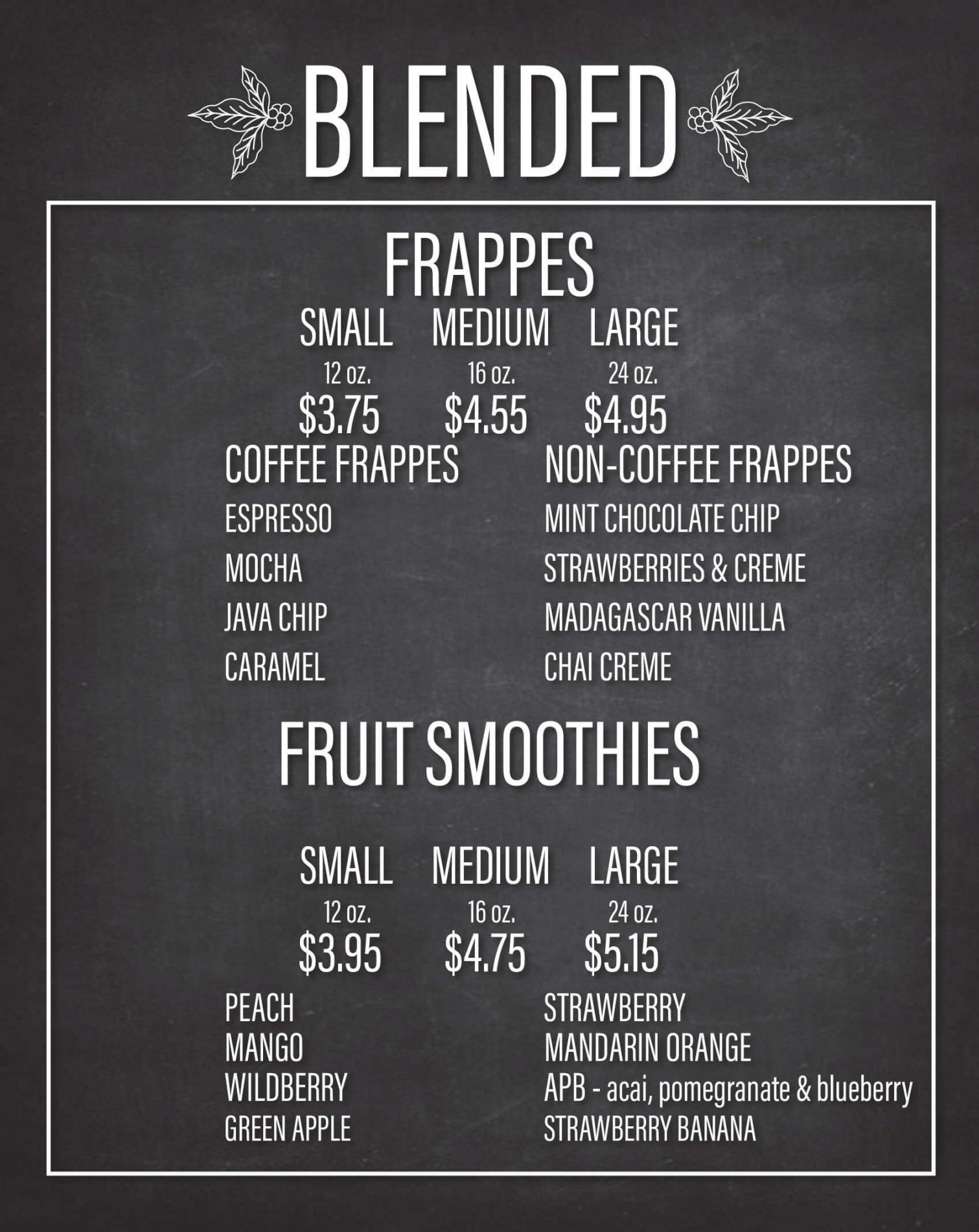 Blended Drink Menu