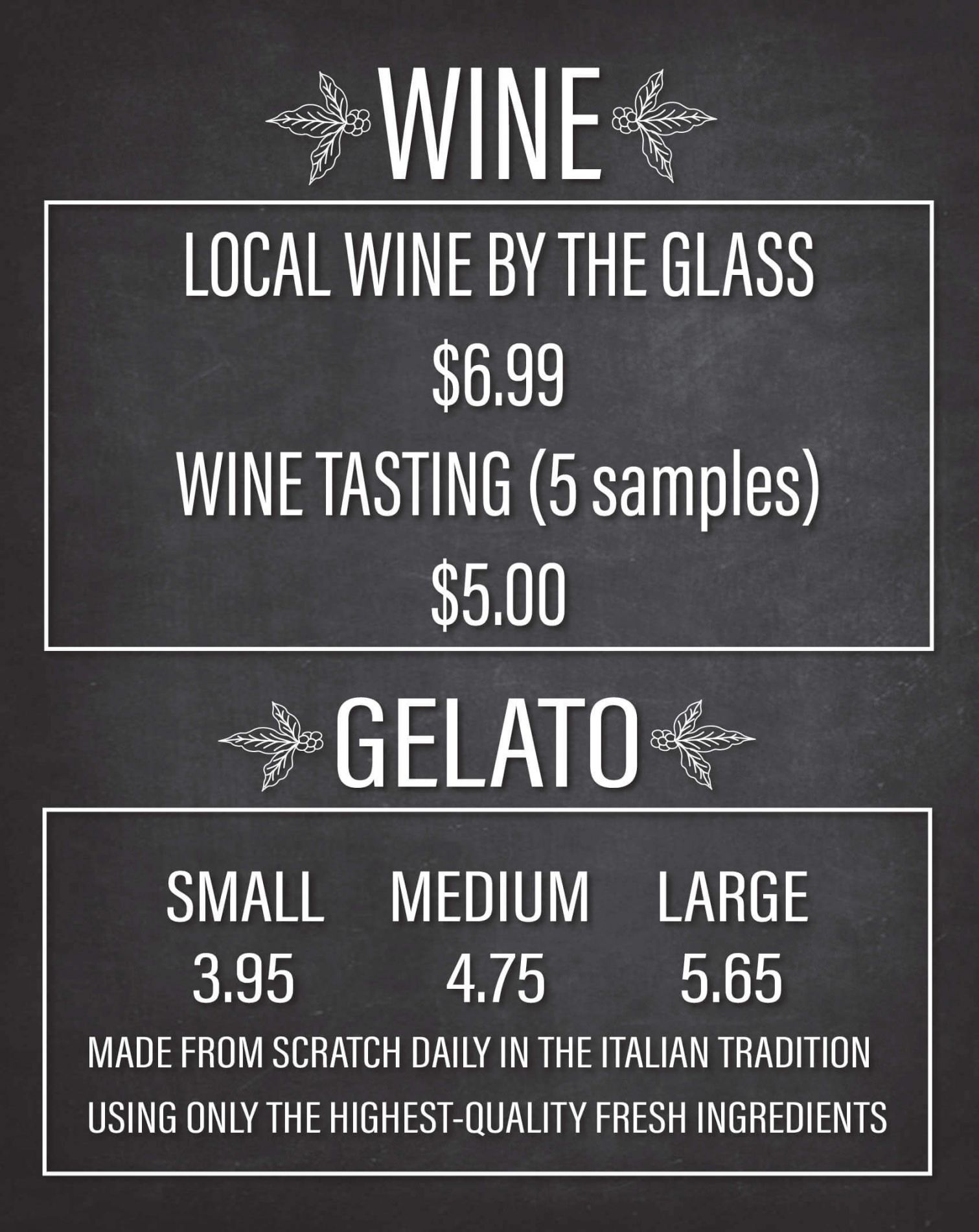 Wine and Gelato Menu